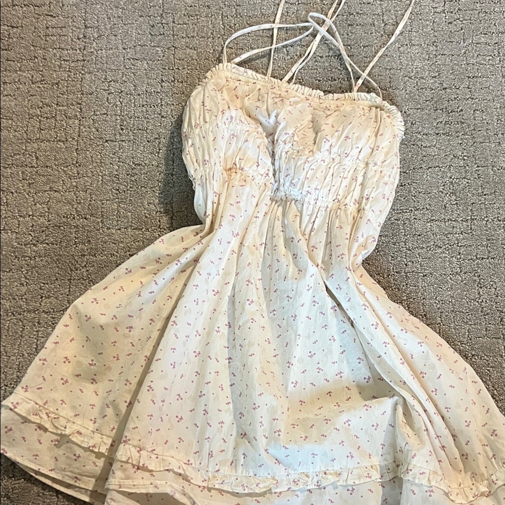 Free people Gabby Mini Dress Ivory Cherry Print Smocked Stretch